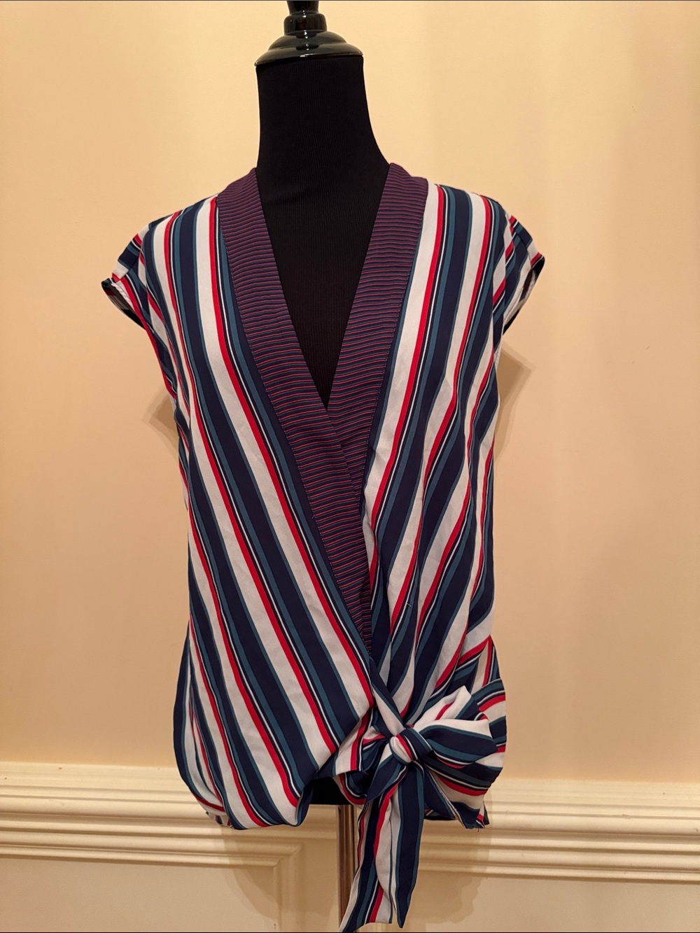 Trouve Striped Wrap Front Tie Women's Top Navy, White, Green, & Red Size XS